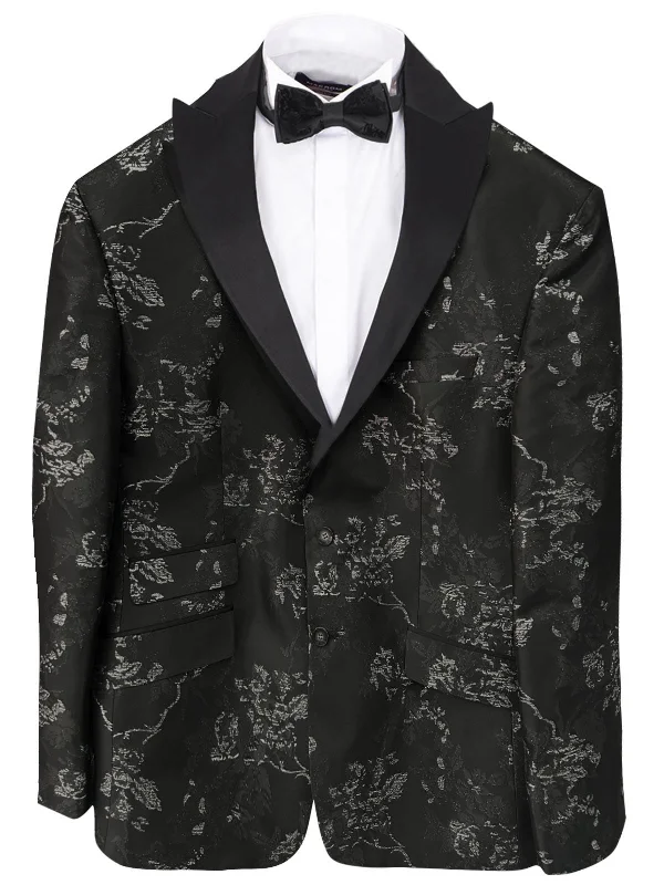 Black Floral Flock Design Blazer with Contrasting Lapel & Matching Bow Tie