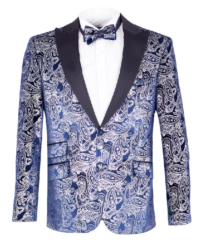 Dark Blue Paisley Contrasting Lapel Blazer & Matching Bow Tie