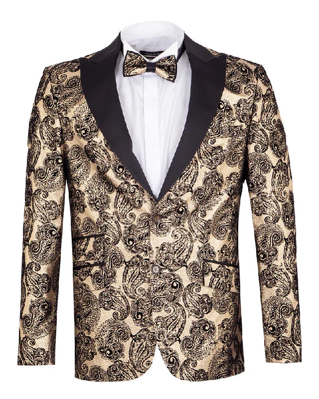 Gold & Black Paisley Velvet Design Blazer with Contrasting Lapel & Matching Bow Tie