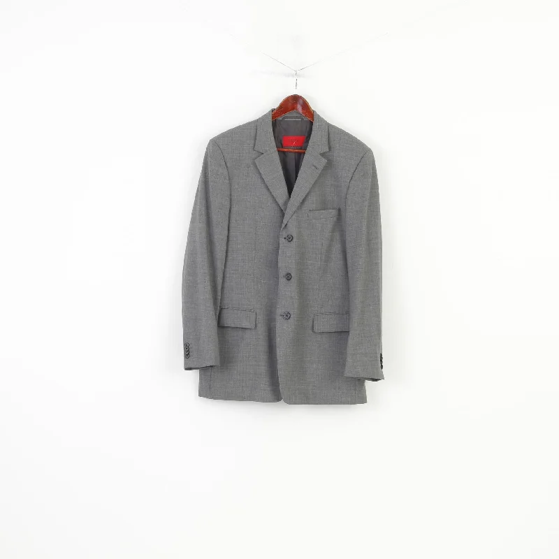 Hugo Boss Men 52 42 Blazer Grey Wool Vintage Single Breasted Shoulder Pads Jacket