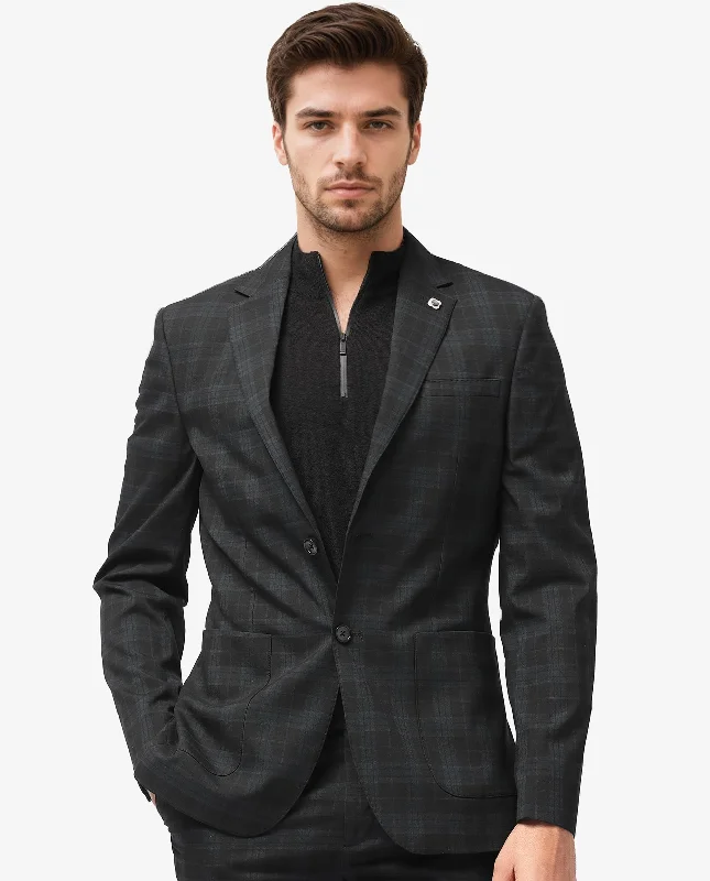 Rare Rabbit Men's Kaspro Black Polyester Viscose Fabric Notch Lapel Button Closure Single Breasted Dupplin Checks Suits