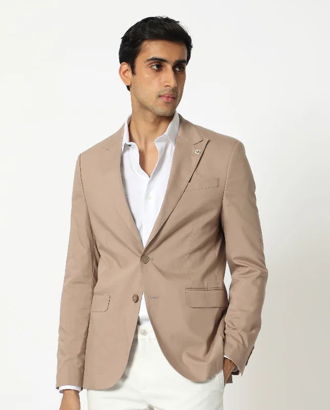 Rare Rabbit Men's Maroni Beige Cotton Fabric Peak Lapel Single Breasted Tailored Fit Solid Blazer