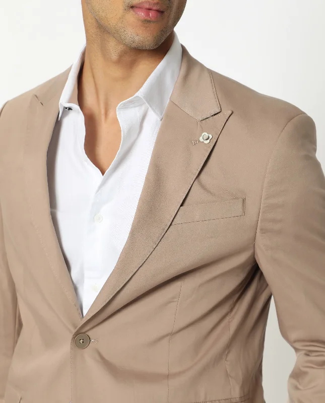 Rare Rabbit Men's Maroni Beige Cotton Fabric Peak Lapel Single Breasted Tailored Fit Solid Blazer