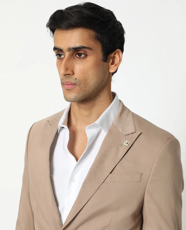 Rare Rabbit Men's Maroni Beige Cotton Fabric Peak Lapel Single Breasted Tailored Fit Solid Blazer