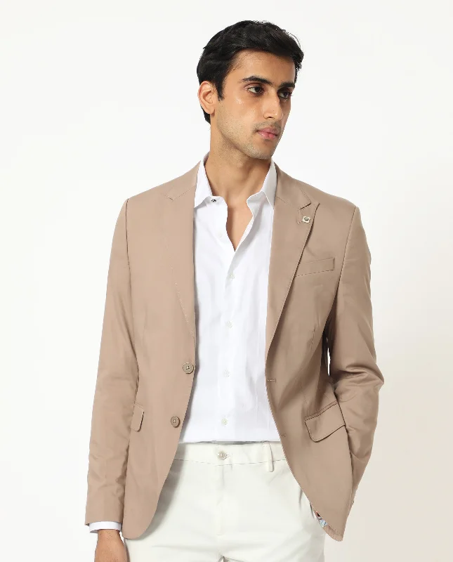 Rare Rabbit Men's Maroni Beige Cotton Fabric Peak Lapel Single Breasted Tailored Fit Solid Blazer