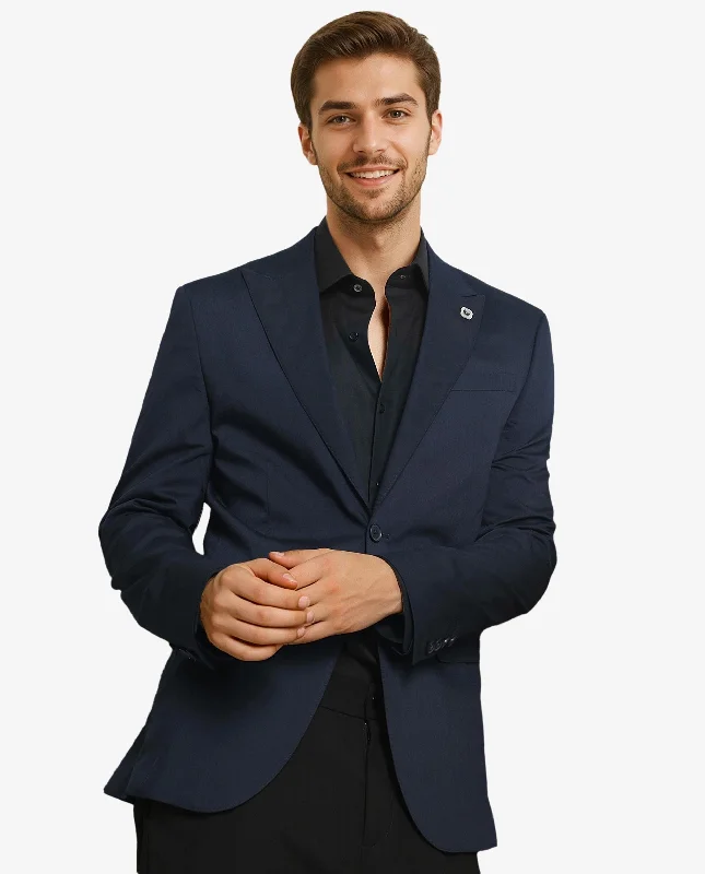 Rare Rabbit Men's Maroni Navy Cotton Fabric Peak Lapel Single Breasted Tailored Fit Solid Blazer