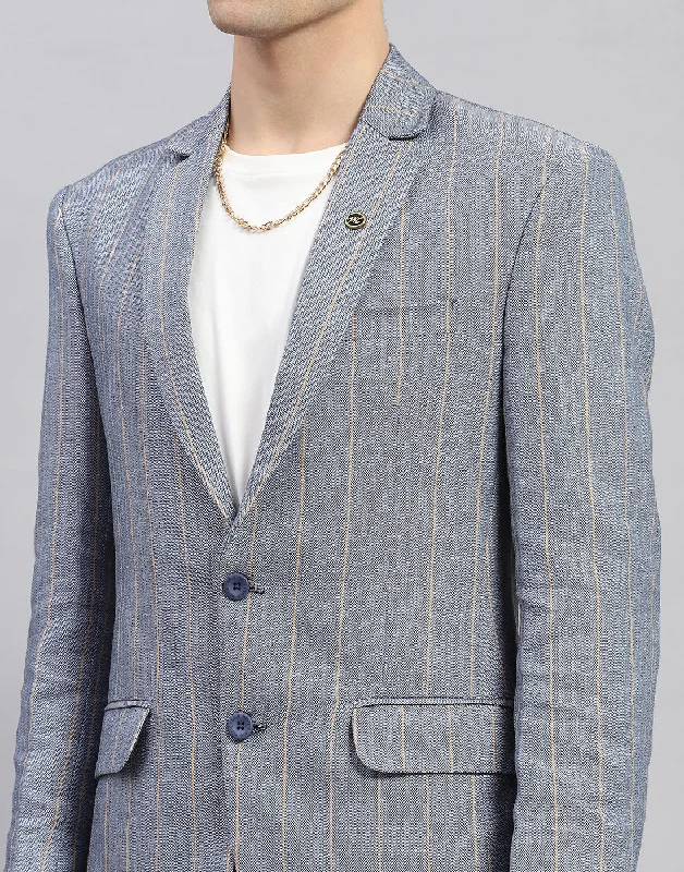 Men Grey Stripe Notch Lapel Collar Full Sleeve Blazer