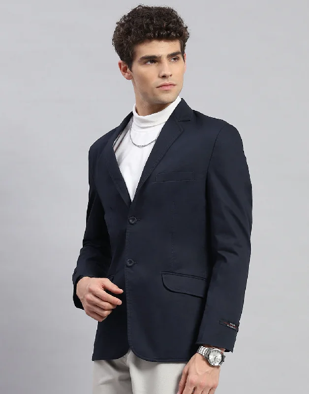 Men Navy Blue Solid Notch Lapel Collar Full Sleeve Blazer