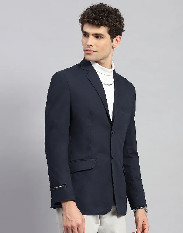 Men Navy Blue Solid Notch Lapel Collar Full Sleeve Blazer