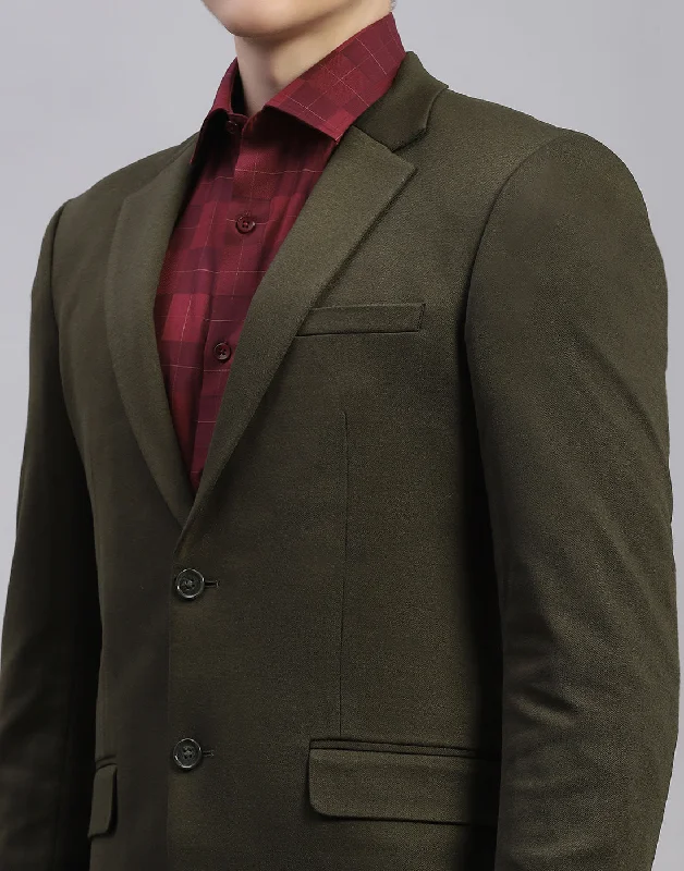 Men Olive Solid Notch Lapel Collar Full Sleeve Blazer