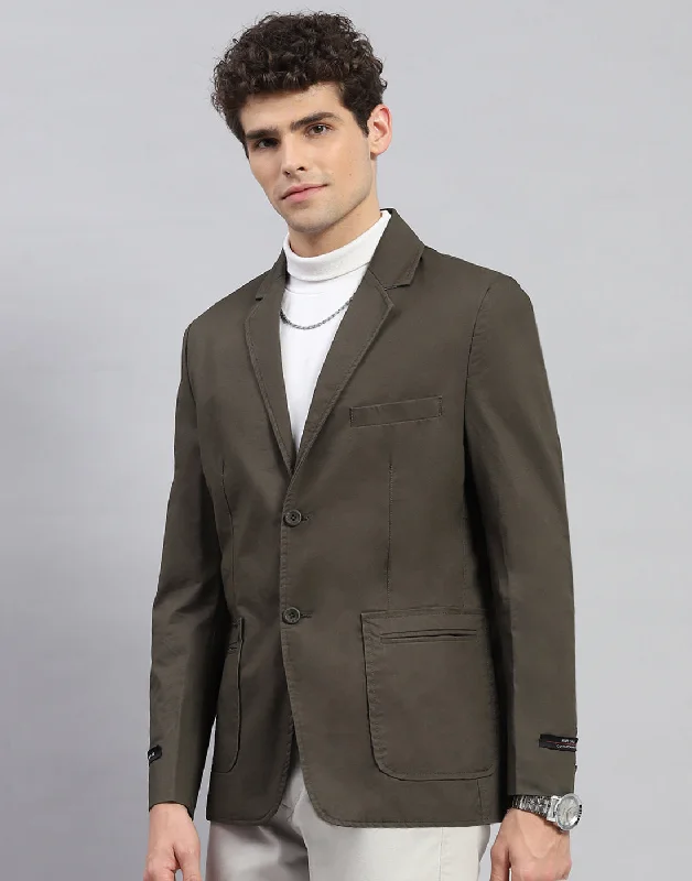 Men Olive Solid Notch Lapel Collar Full Sleeve Blazer