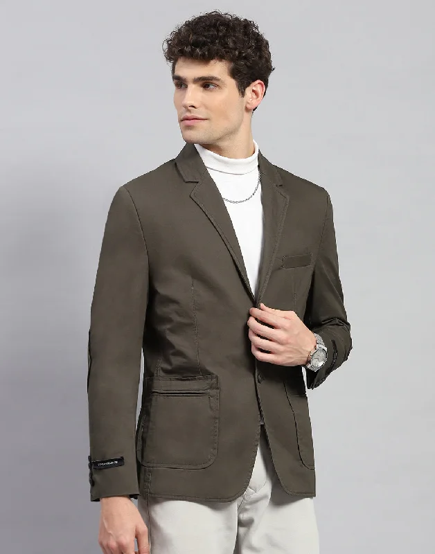 Men Olive Solid Notch Lapel Collar Full Sleeve Blazer