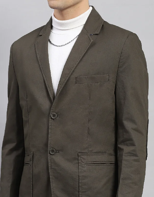 Men Olive Solid Notch Lapel Collar Full Sleeve Blazer