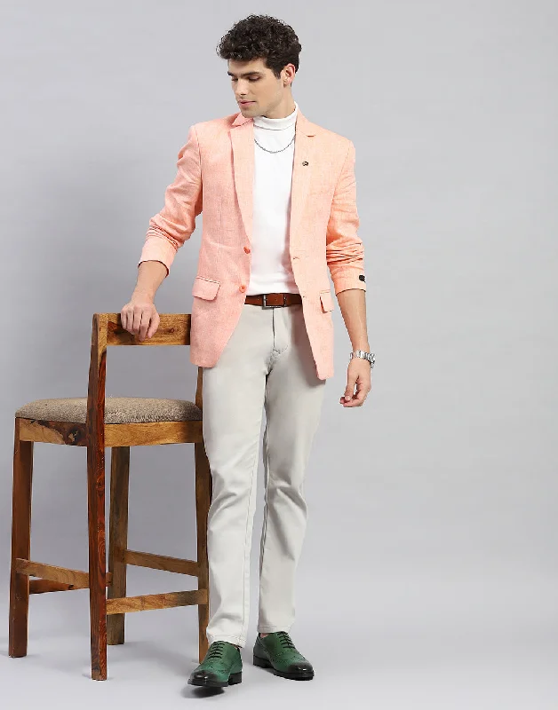 Men Orange Solid Notch Lapel Collar Full Sleeve Blazer