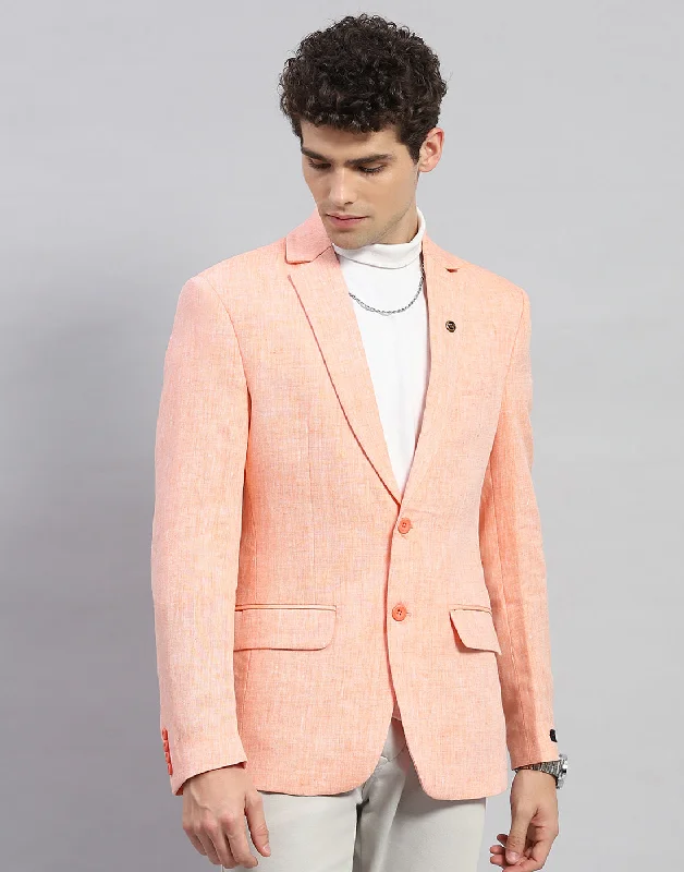 Men Orange Solid Notch Lapel Collar Full Sleeve Blazer