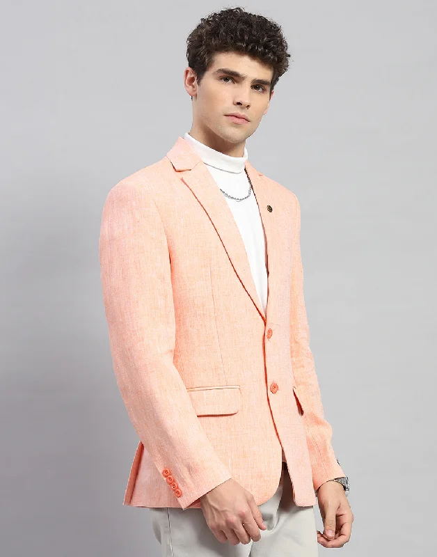 Men Orange Solid Notch Lapel Collar Full Sleeve Blazer