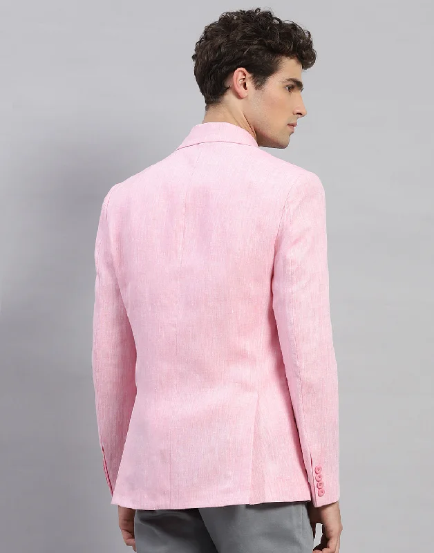 Men Pink Solid Notch Lapel Collar Full Sleeve Blazer