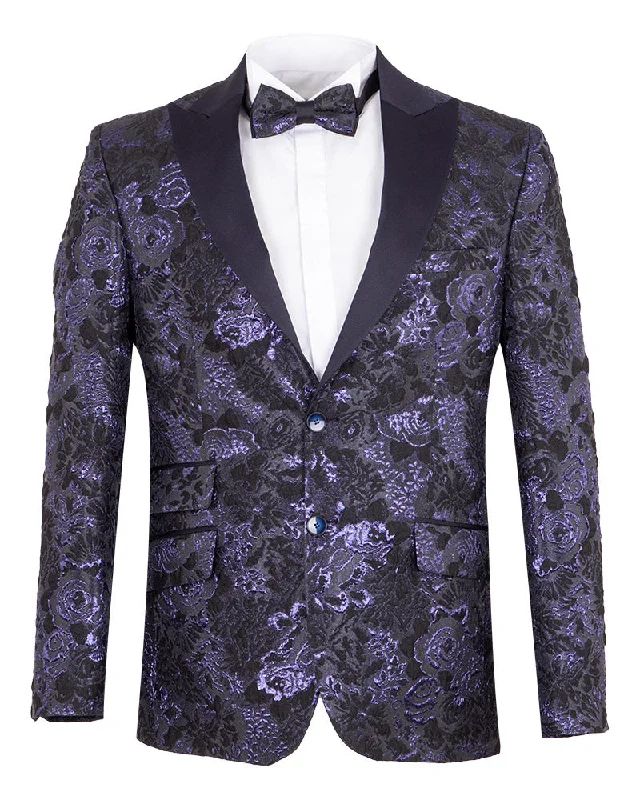 Navy & Black Floral Flock Design Blazer with Contrasting Lapel & Matching Bow Tie