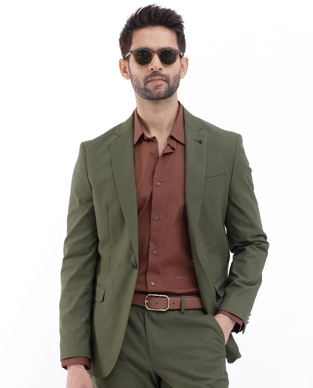 Rare Rabbit Mens Oscar Dark Olive Polyester Viscose Fabric Notch Lapel Button Closure Single Breasted Tailored Fit Solid Suits