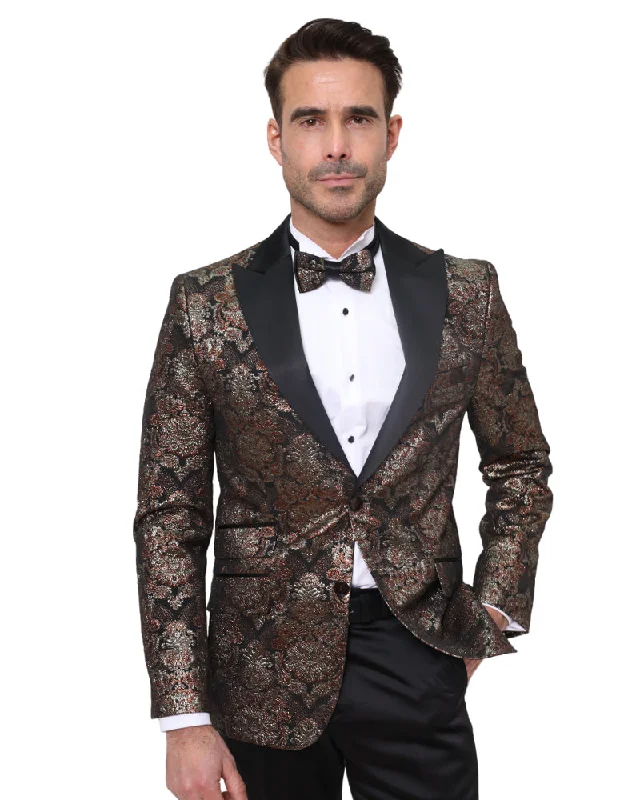 Rustic Gold & Black Paisley Design Blazer with Contrasting Lapel & Matching Bow Tie