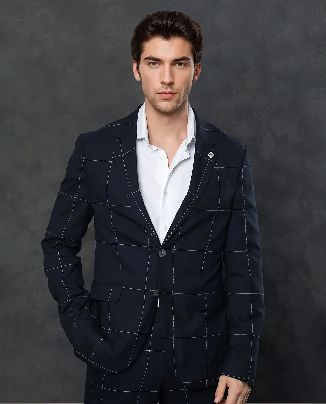 Rare Rabbit Men's Tim Navy Polyester Viscose Fabric Notch Lapel Button Closure Single Breasted Windowpane Checks Suits