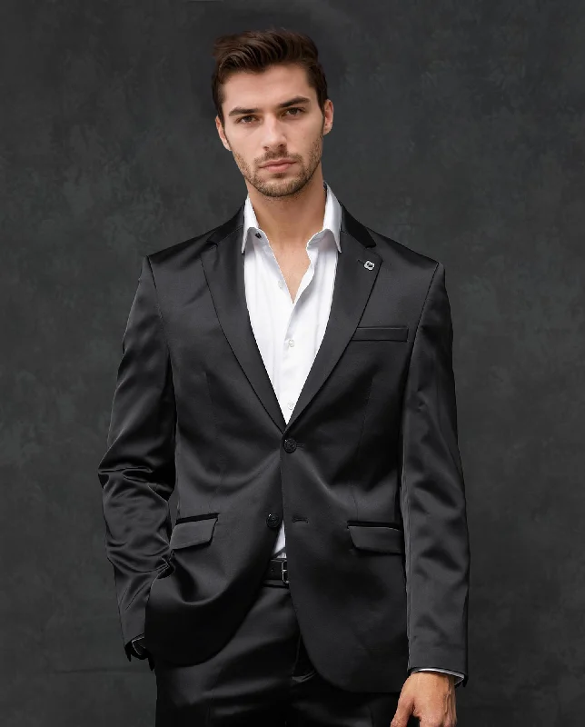 Rare Rabbit Men's Vance Black Polyester Viscose Fabric Notch Lapel Button Closure Single Breasted Satin Suits