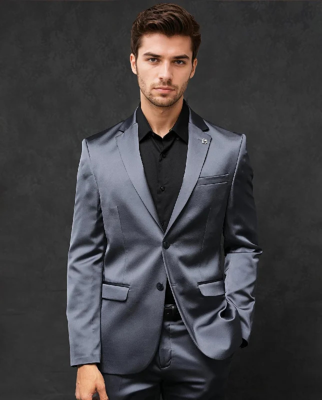 Rare Rabbit Men's Vance Dark Grey Polyester Viscose Fabric Notch Lapel Button Closure Single Breasted Satin Suits