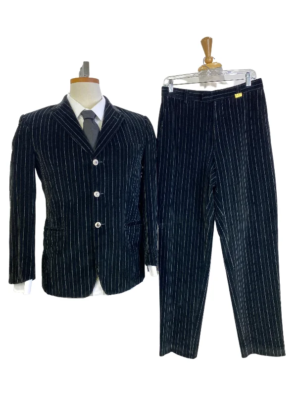 Vintage 1990s Versace Classic V2 2-Piece Black Velvet Pinstripe Suit, 38