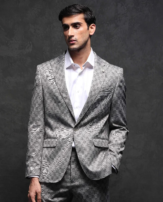 Rare Rabbit Men's Zeta Grey Polyester Viscose Fabric Notch Lapel Button Closure Single Breasted Jacquard Checks Suits