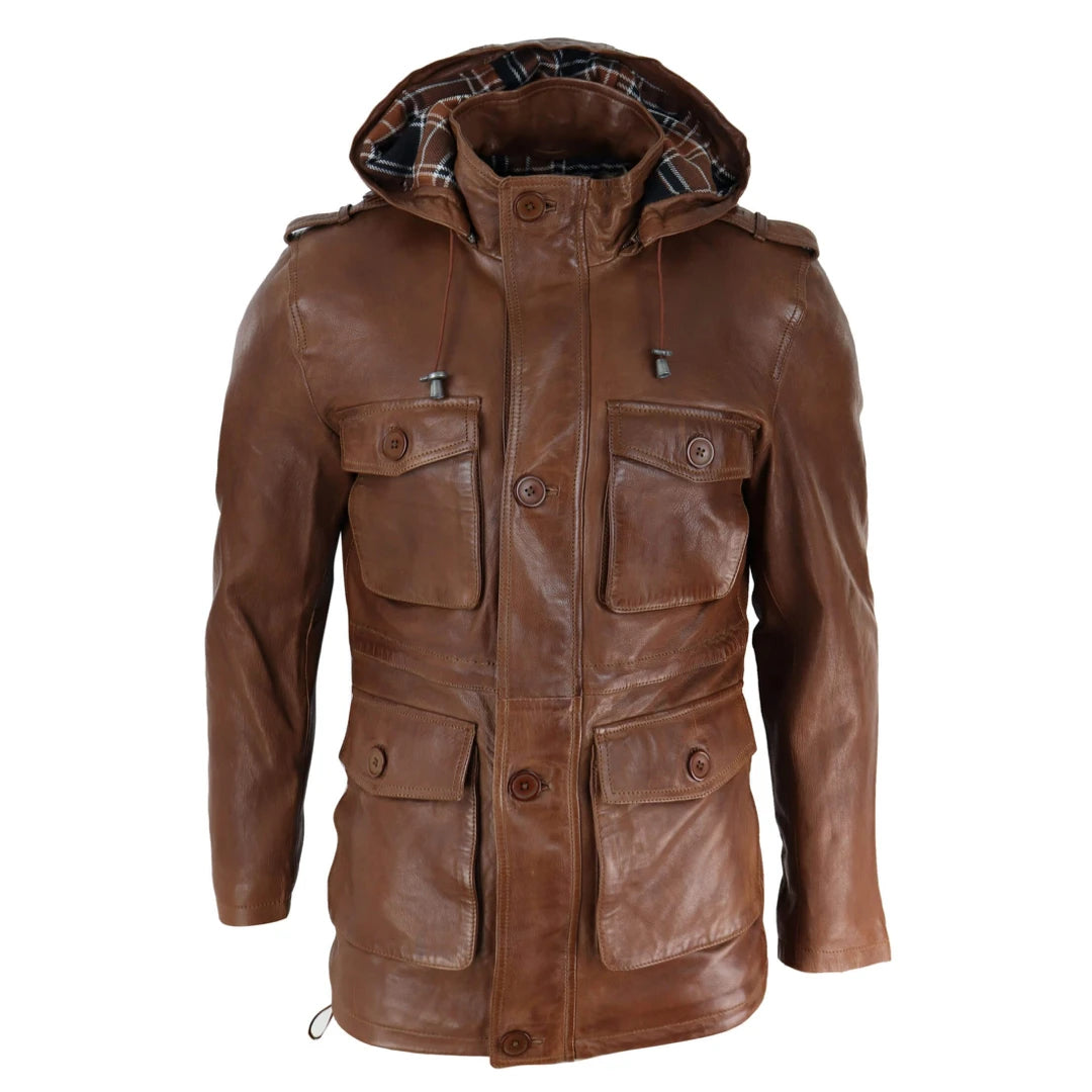 Men's 3/4 Long Leather Duffle Jacket Coat Safari Detachable Hood Military