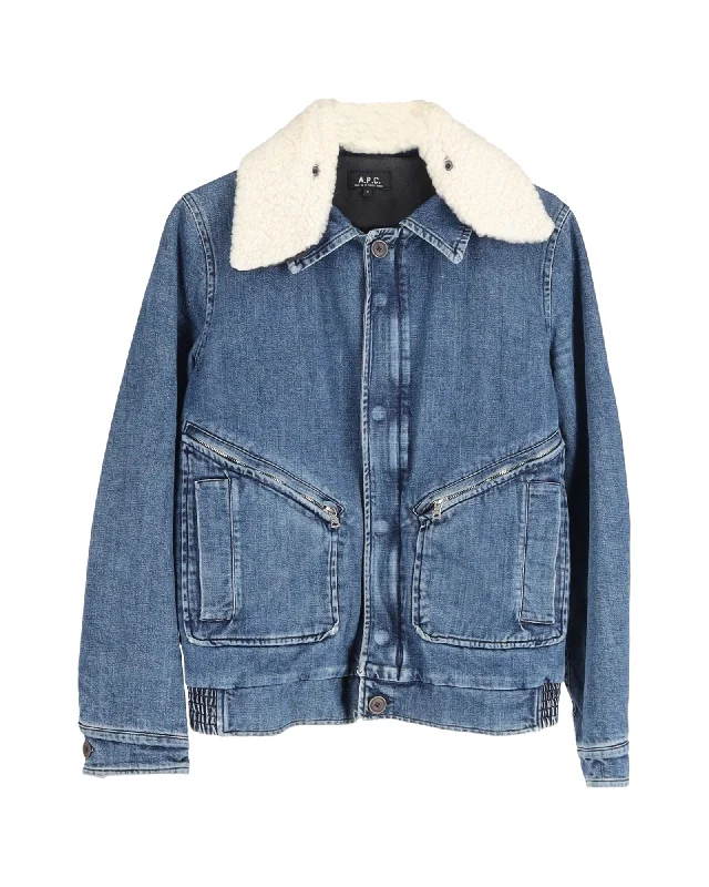 A.P.C. Shearling Collar Denim Jacket in Blue Cotton