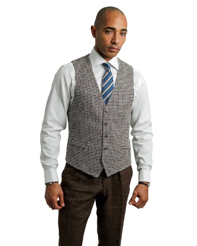 Beige Cotton Linen Gun Club Check Waistcoat