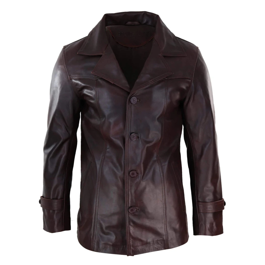 Men's Leather Coat Jacket Classic Wine Black Fit