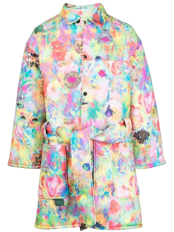 Floral-Cat Print Trench Coat