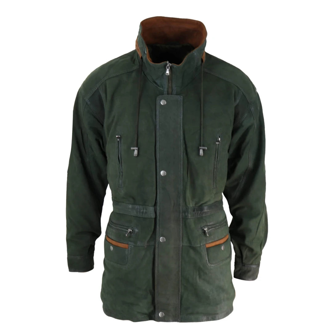 Men's Suede Safari Jacket Hunting Duffle Parka Leather Coat