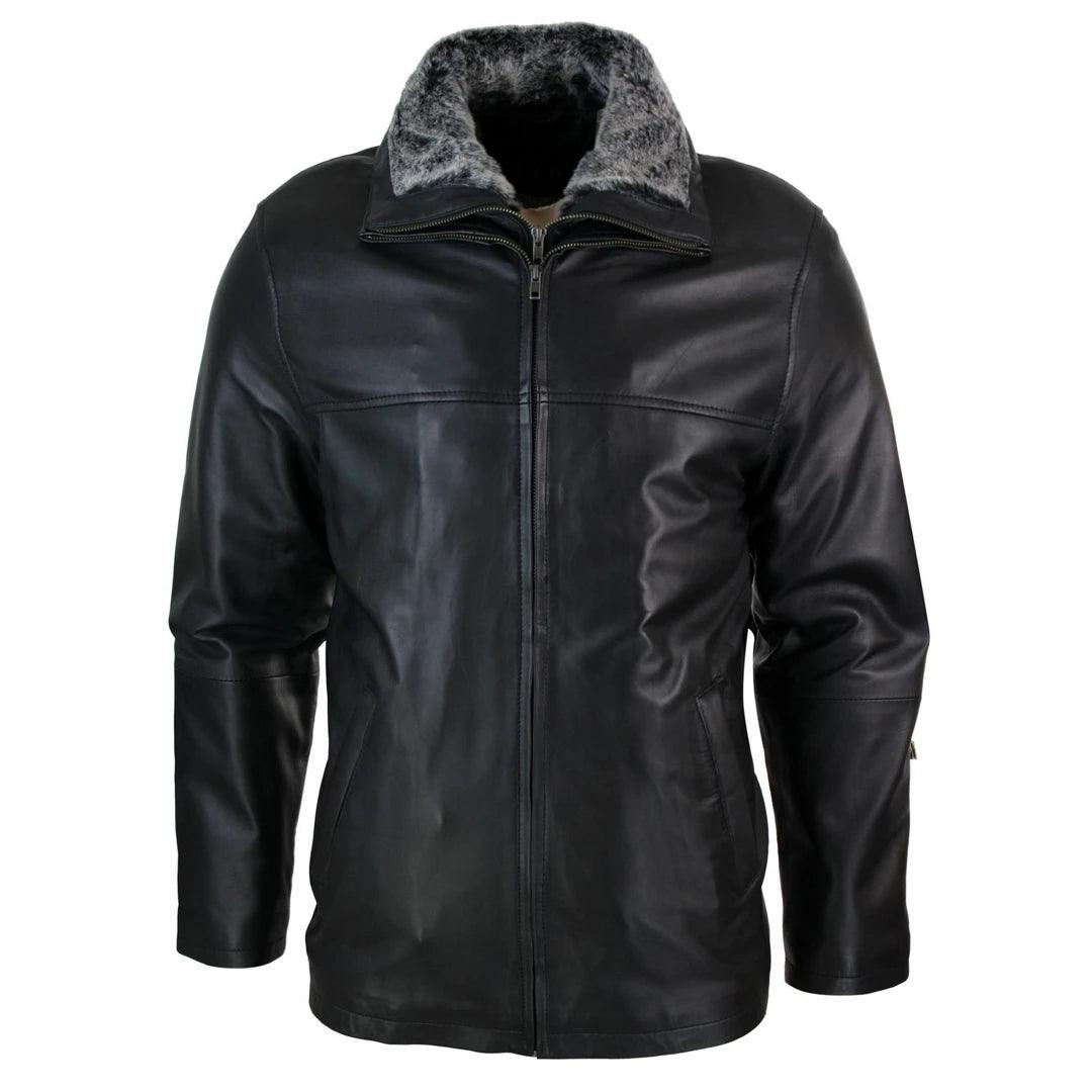 Mens Classic Double Zip Fur Lined Genuine Soft Leather Coat Jacket Regular Fit