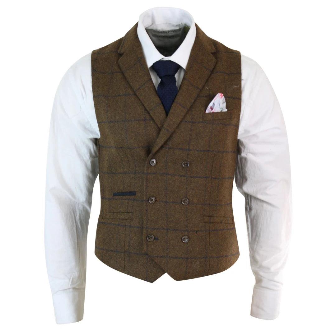 Mens Double Breasted Herringbone Tweed Blinders Vintage Check Waistcoat