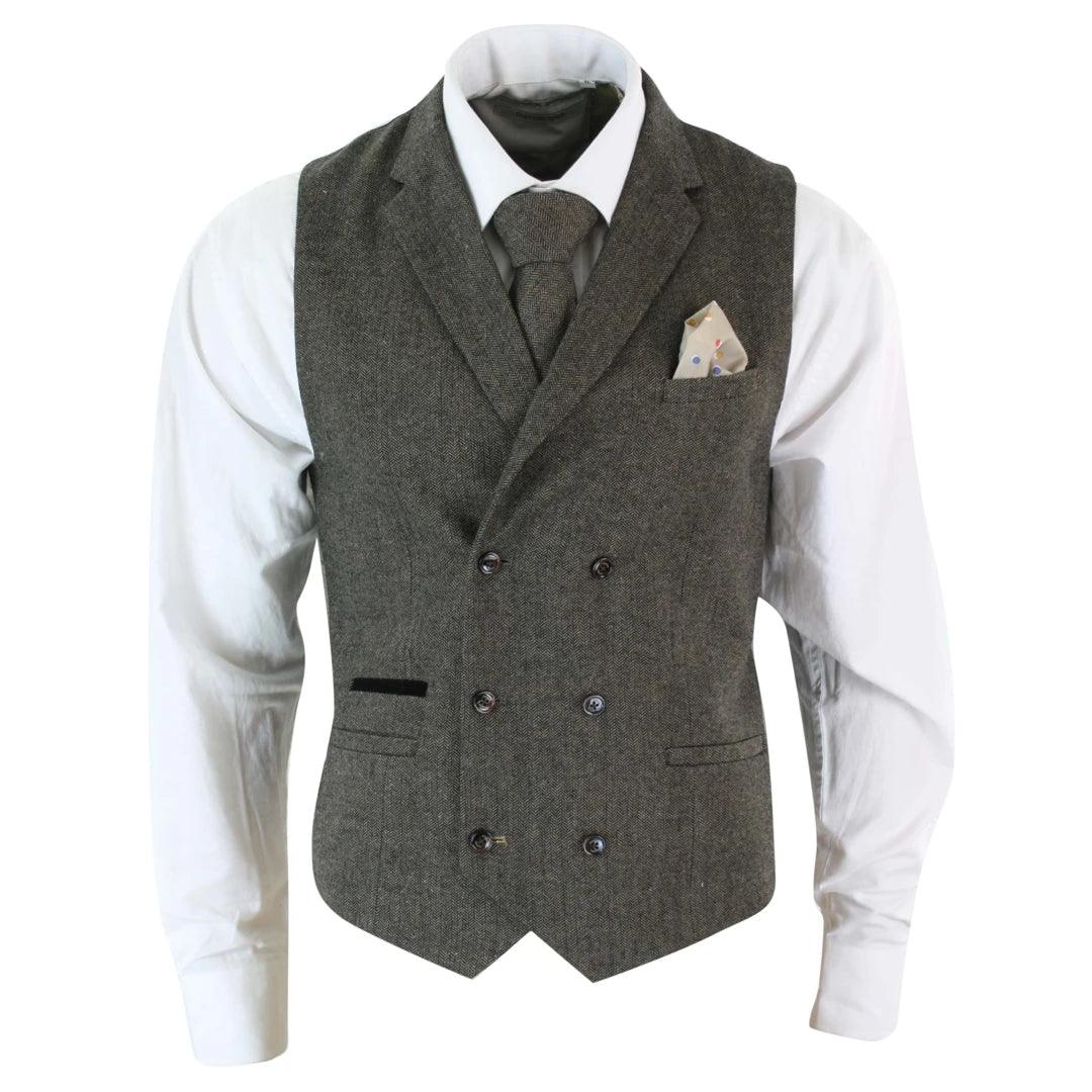 Mens Herringbone Tweed Gatsby Blinders Classic Double Breasted Waistcoat