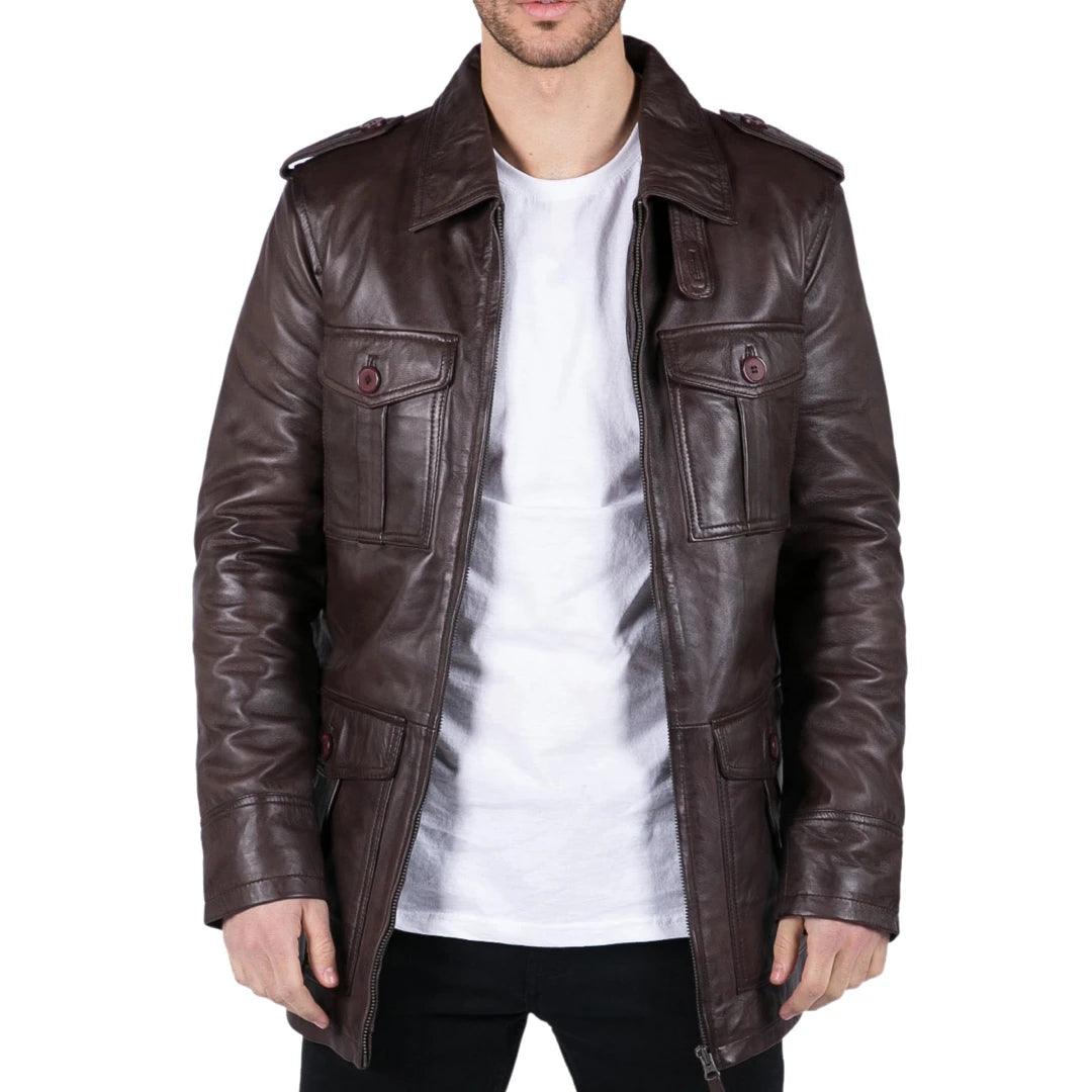 Mens Real Leather Safari Parka Coat Black Brown Tailored Fit Casual Jacket