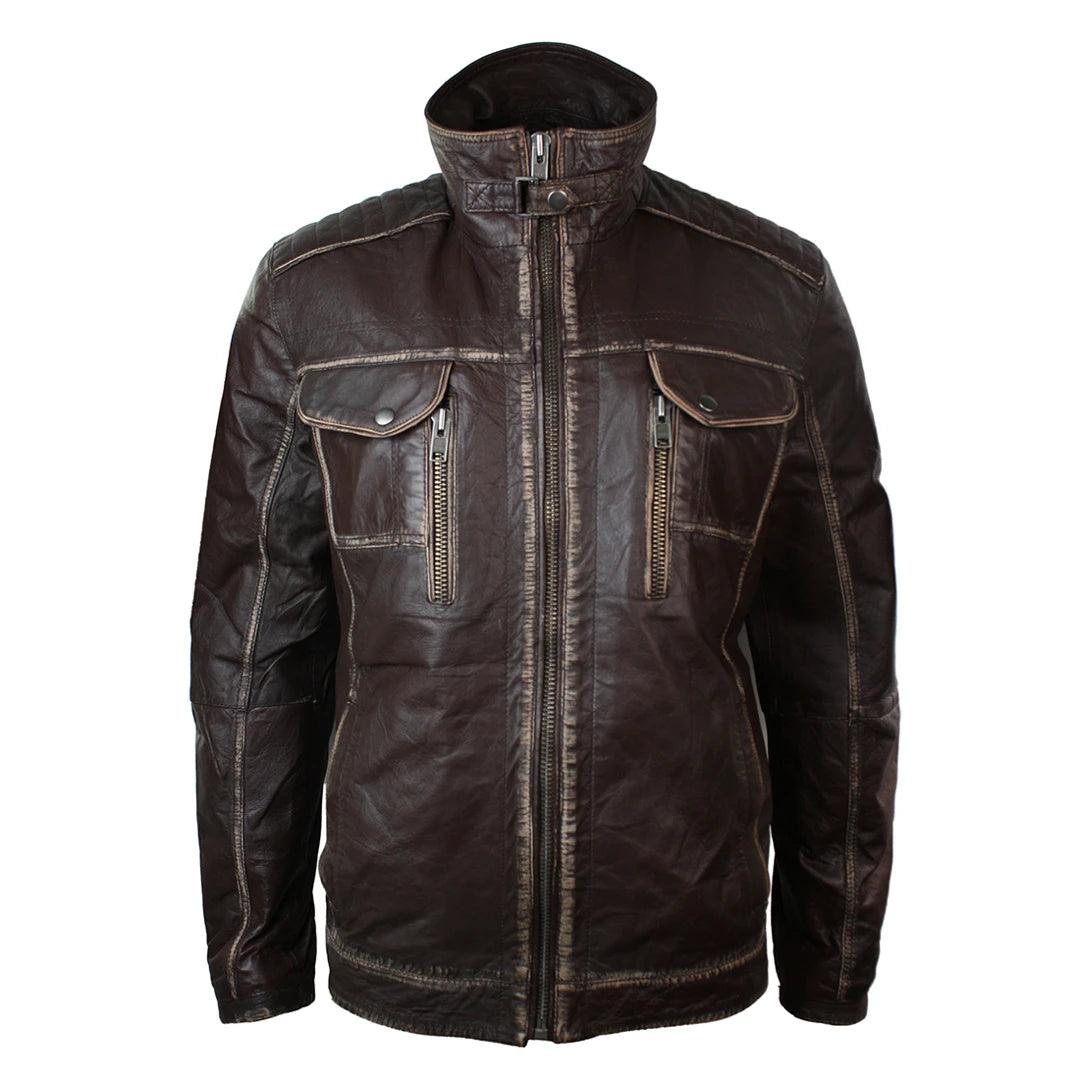 Mens Retro Vintage Distressed Jacket Real Washed Leather Brown Black Rub Off