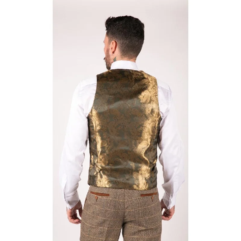 Mens Vintage Tweed Check Waistcoat Herringbone Tan Brown Grey Slim Fit Velvet Trim