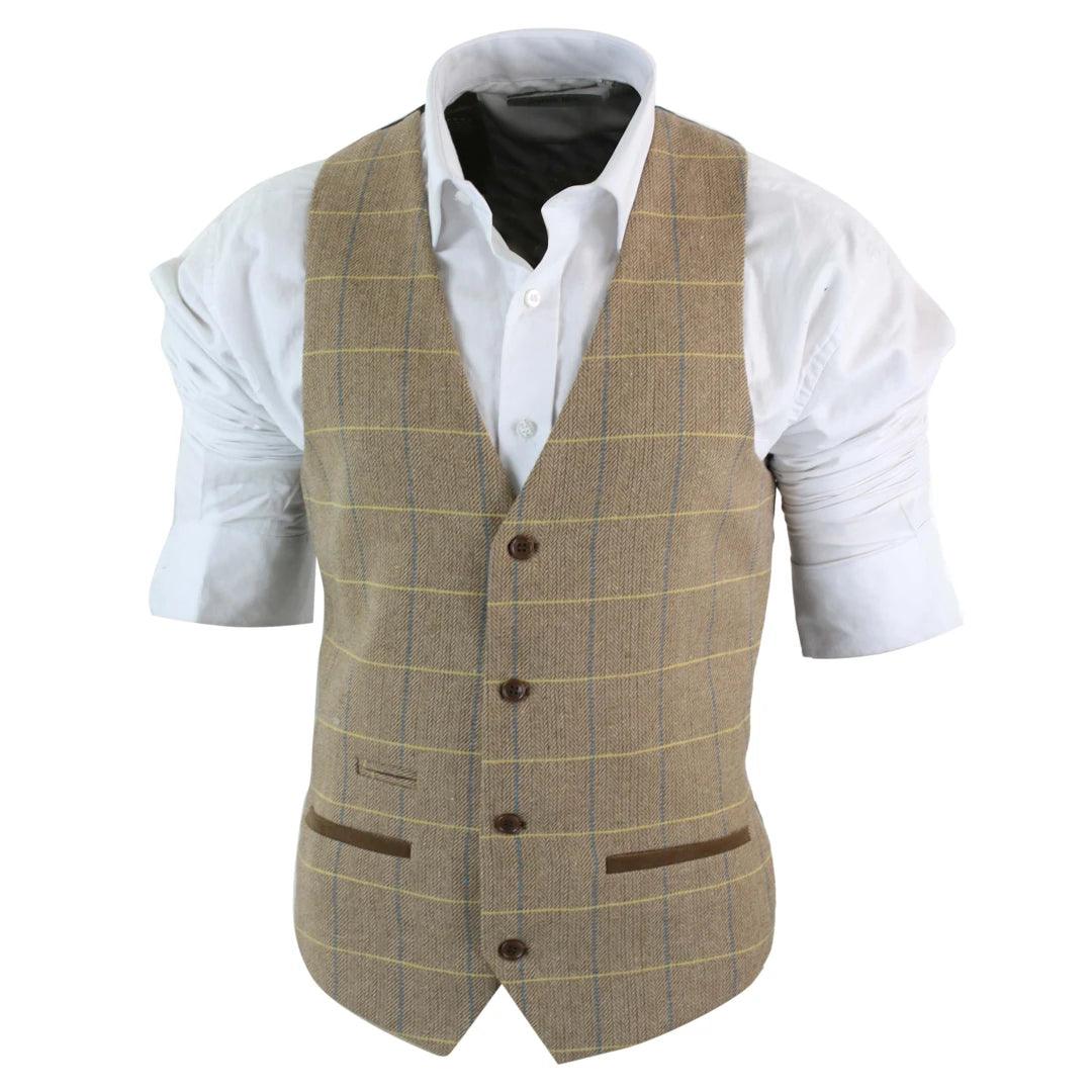 Mens Vintage Tweed Check Waistcoat Herringbone Tan Brown Grey Slim Fit Velvet Trim