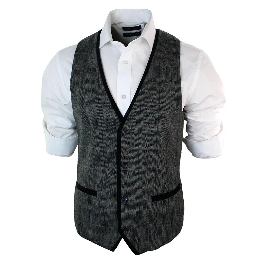 Mens Vintage Tweed Check Waistcoat Herringbone Tan Brown Grey Slim Fit Velvet Trim