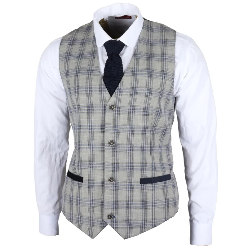 Men's Waistcoat Grey Blue Checked Tailored Fit Vest