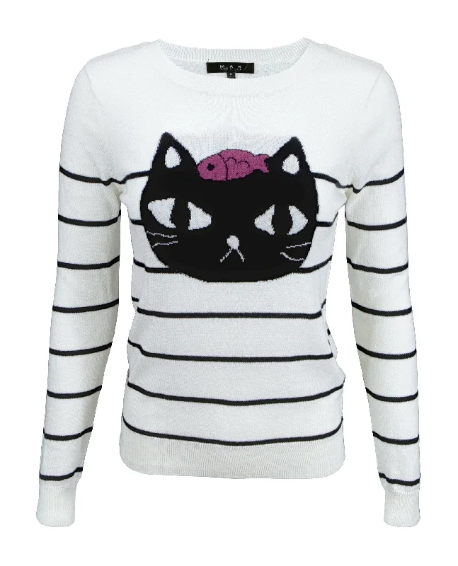 YEMAK Women's Striped Pattern Black Cat Crewneck Casual Jacquard Sweater MK8097