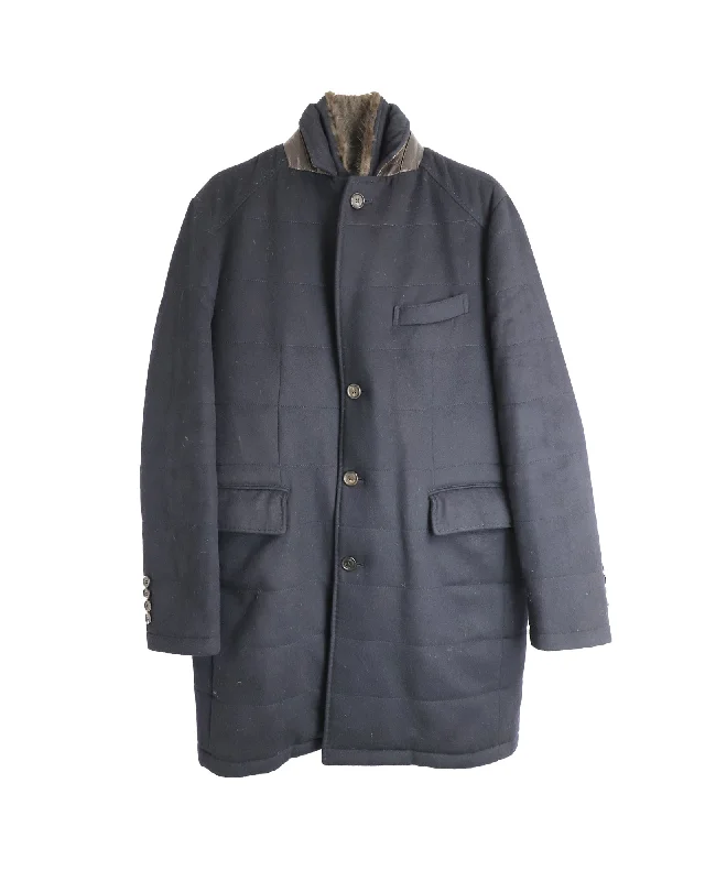 N. Peal Fur-lined Padded Winter Coat in Navy Blue Cashmere